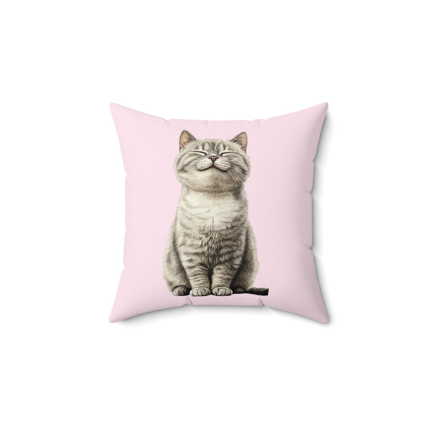Smiling Cat Throw Pillow — Cute Grey Kitten on Pink Decorative Pillow