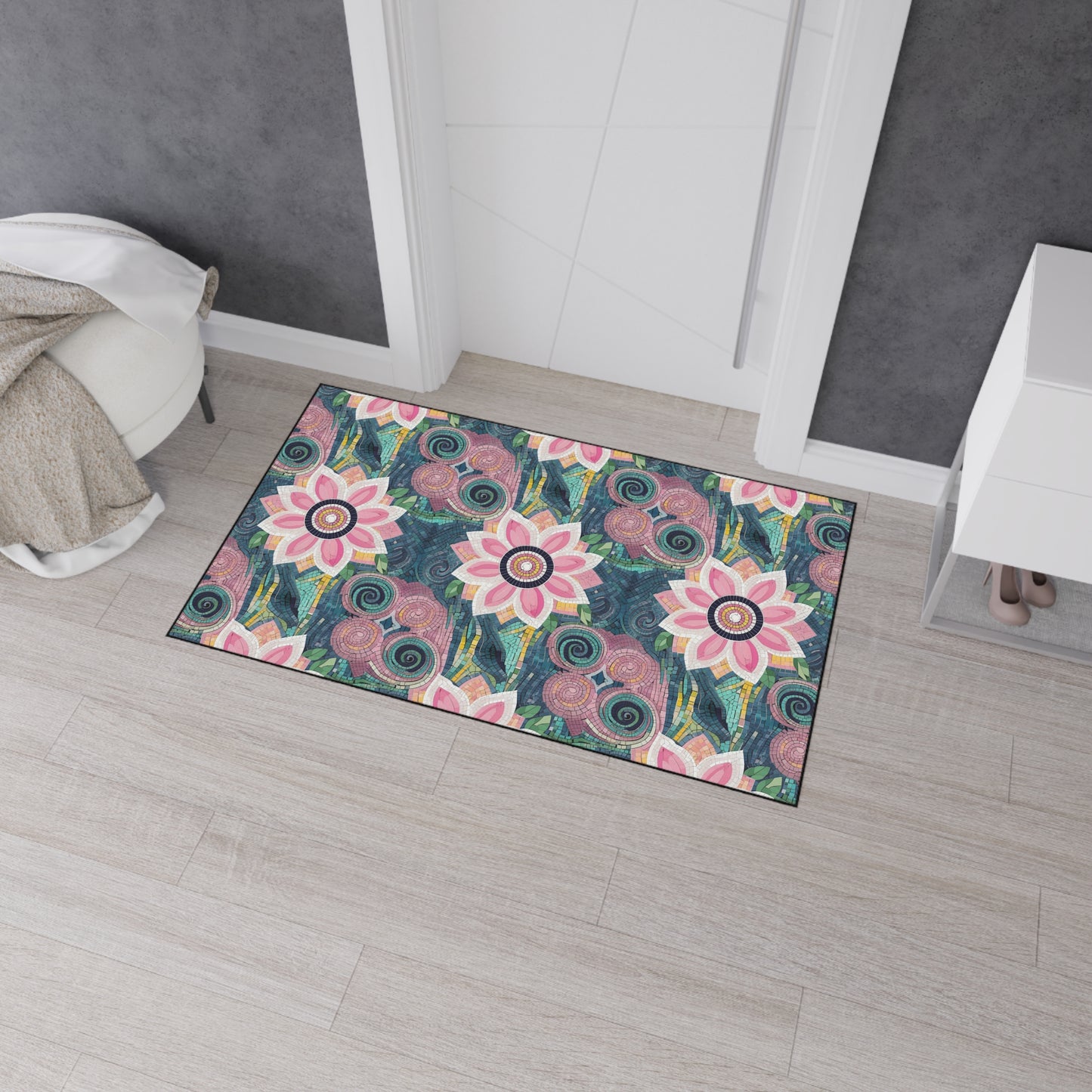 Floral Boho Heavy-Duty Floor Mat — Pink Lotus Pattern Rug