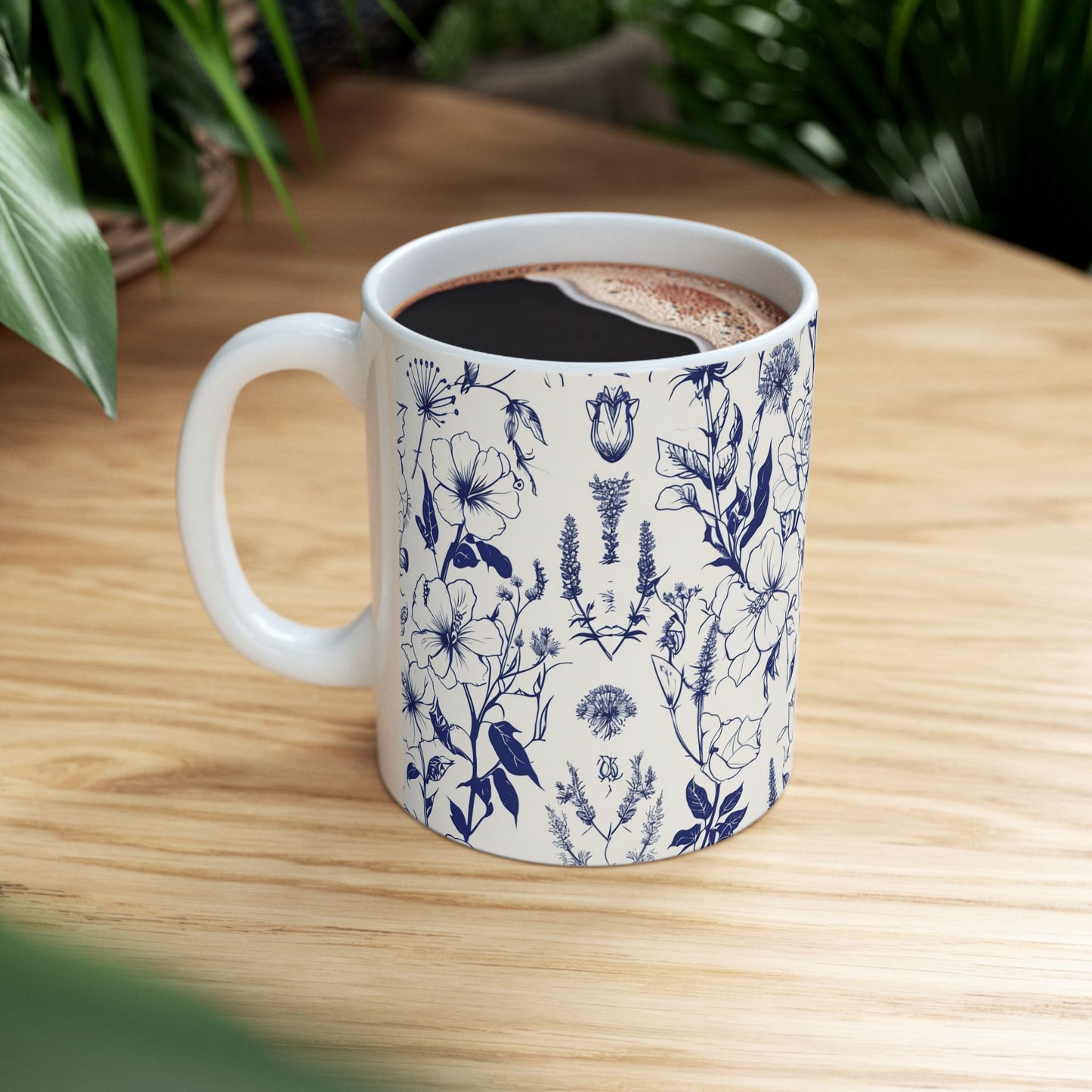 Blue Floral Ceramic Mug — Vintage Navy Botanical Coffee Cup (11oz, 15oz)