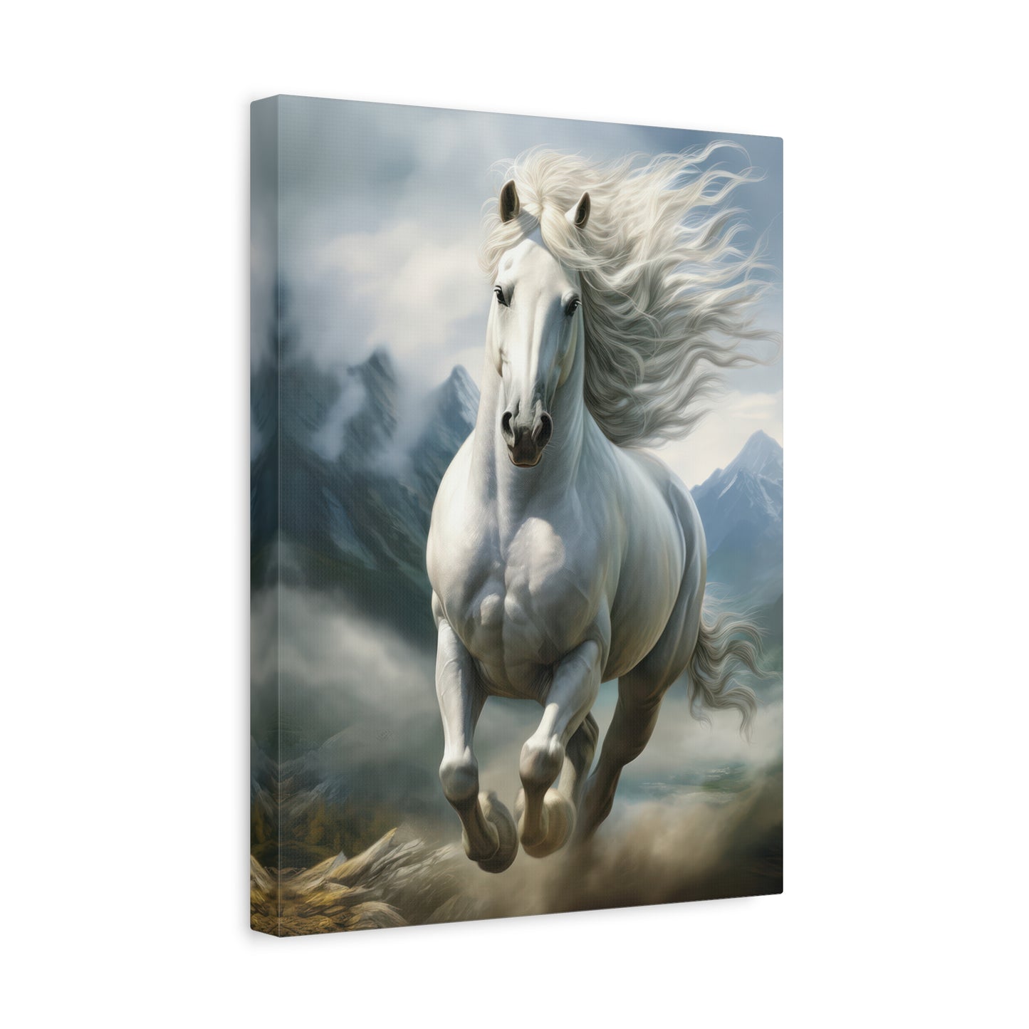 White Stallion Canvas Print – Majestic Galloping Horse Wall Art