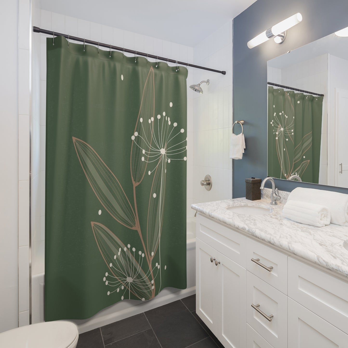 Botanical Dandelion Shower Curtain — Minimal Green Floral Bathroom Decor