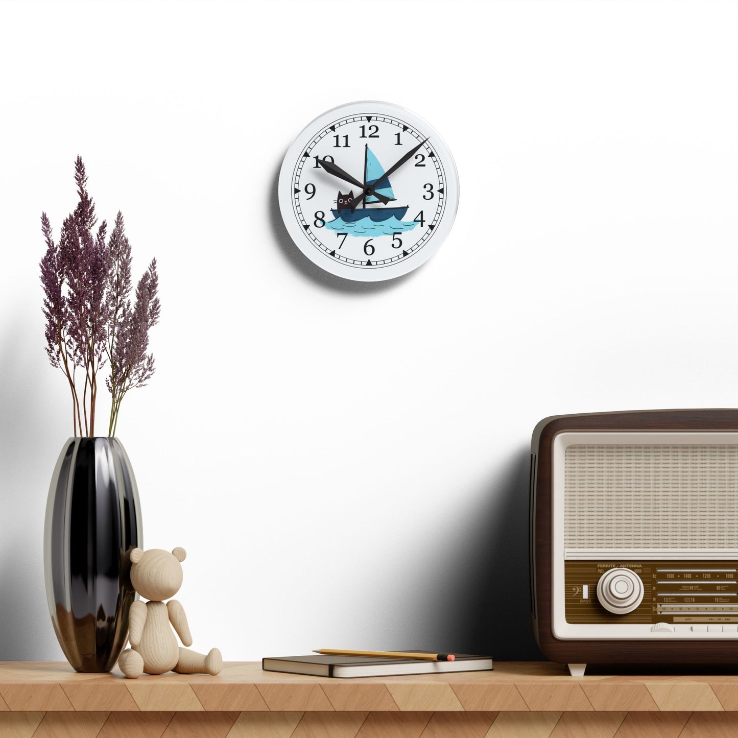 Sailing Cat Acrylic Wall Clock, Cute Home Decor