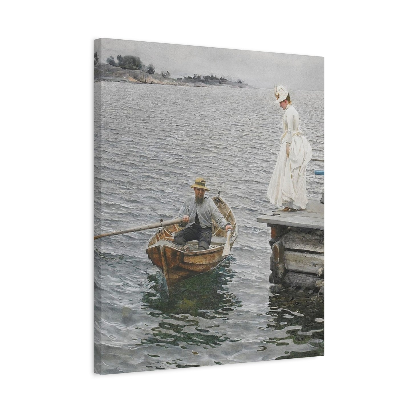 Seaside Stroll Canvas Print — Vintage Woman & Rowboat Matte Stretched Art 1.25"