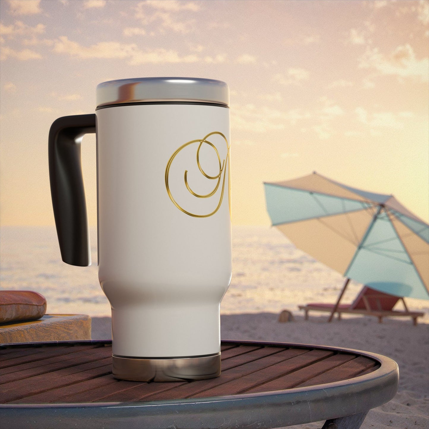Monogram 'N' Gold Travel Mug — 14oz Stainless Steel Insulated Tumbler with Handle