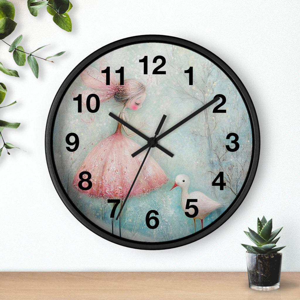 Whimsical Girl & Swan Wall Clock — Pastel Nursery Decor