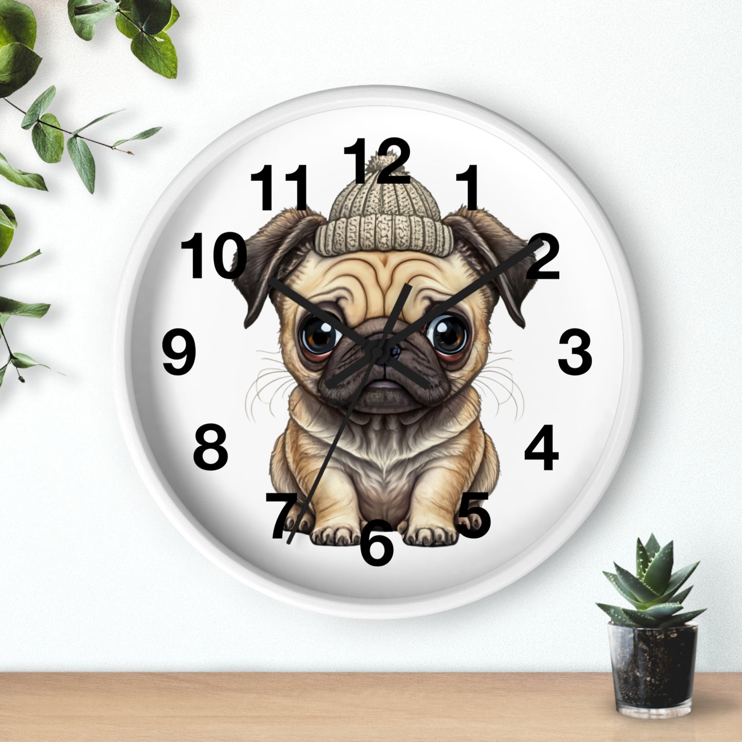 Cute Pug Wall Clock — Adorable Pug Puppy in Beanie Decorative Clock for Dog Lovers