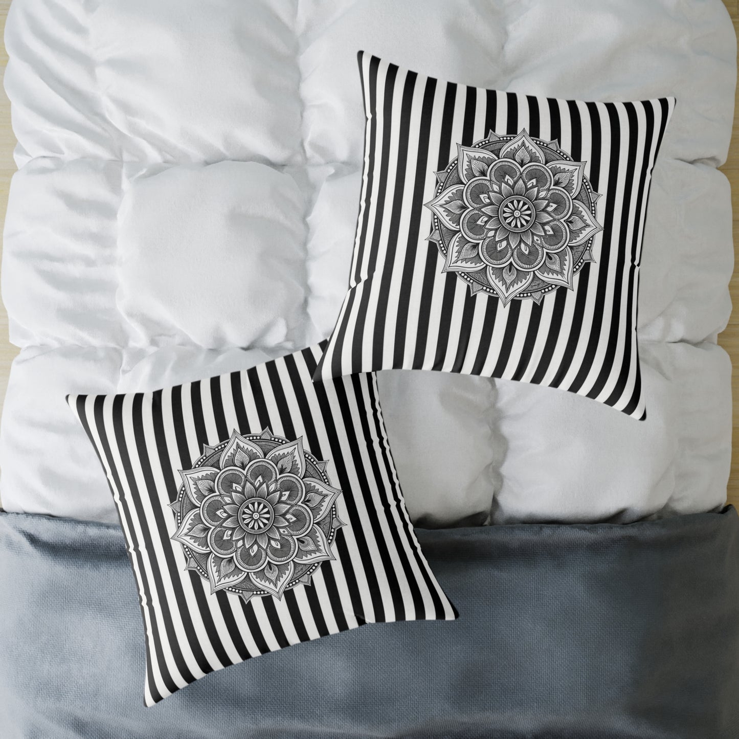 Boho Black & White Striped Mandala Pillow - Square Decorative Throw Cushion
