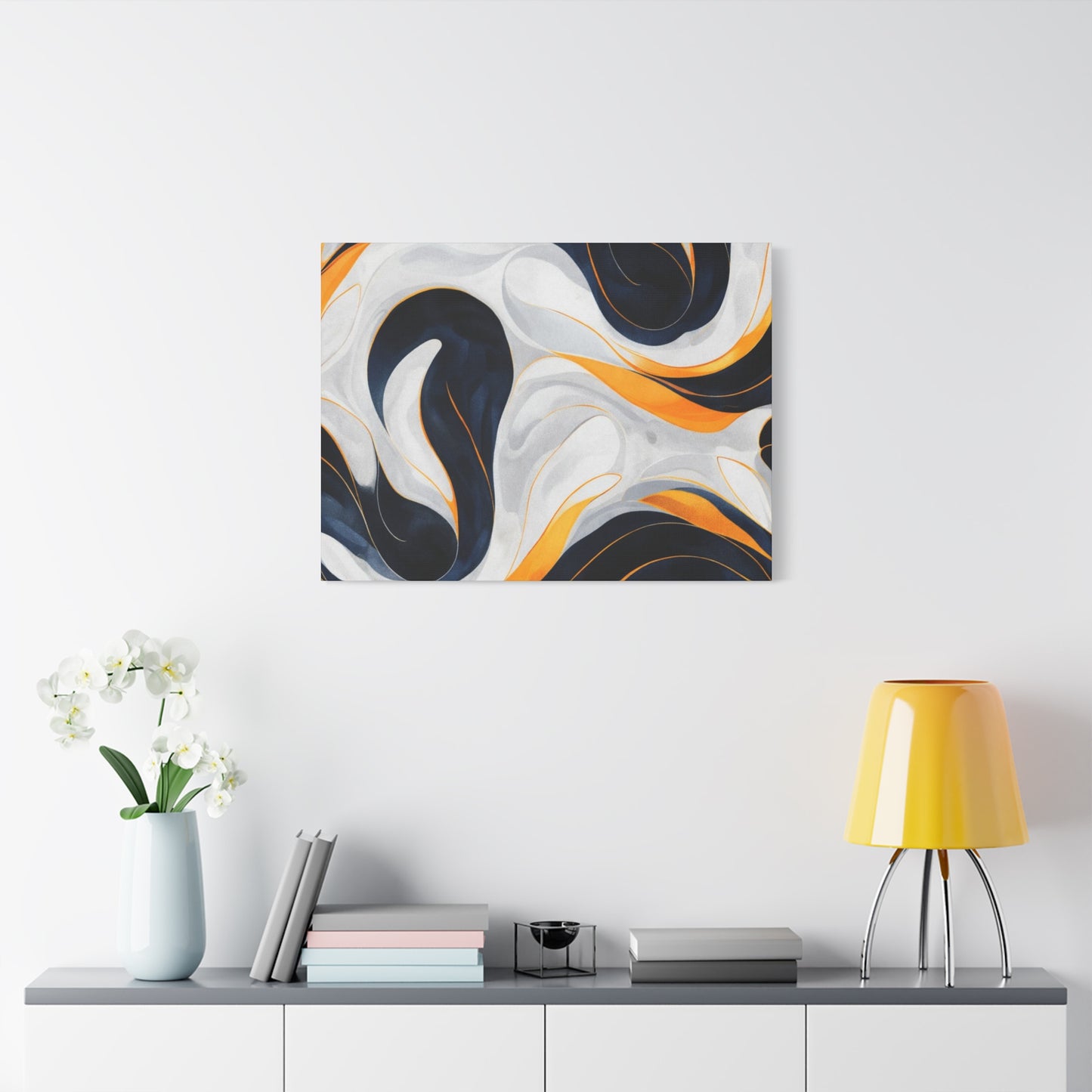 Abstract Fluid Art Matte Canvas Print — Navy, Gold & White Stretched Wall Art