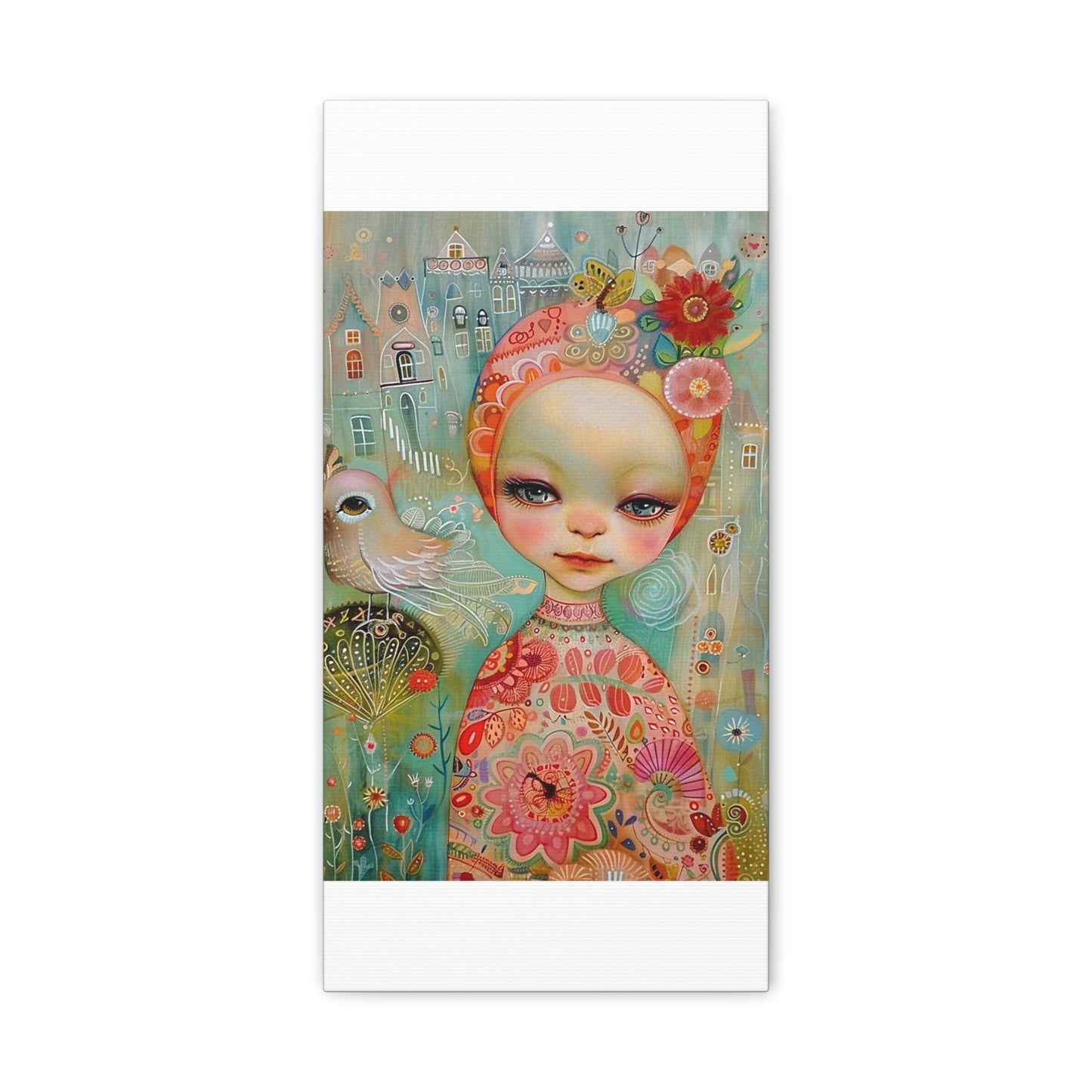 Whimsical Girl & Bird Matte Canvas Wall Art — Stretched Decorative Painting