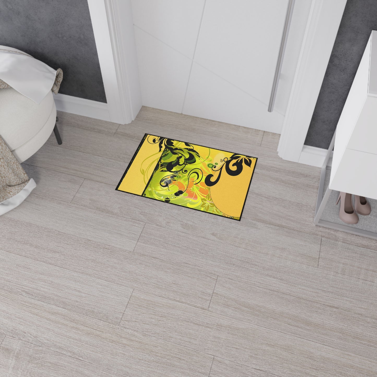 Floral Swirl Heavy Duty Floor Mat — Yellow Green Decorative Entry Rug