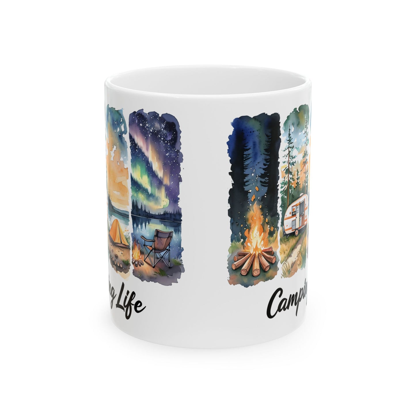 Camping Life Ceramic Mug — Scenic Campfire & Northern Lights Coffee Cup (11oz/15oz)