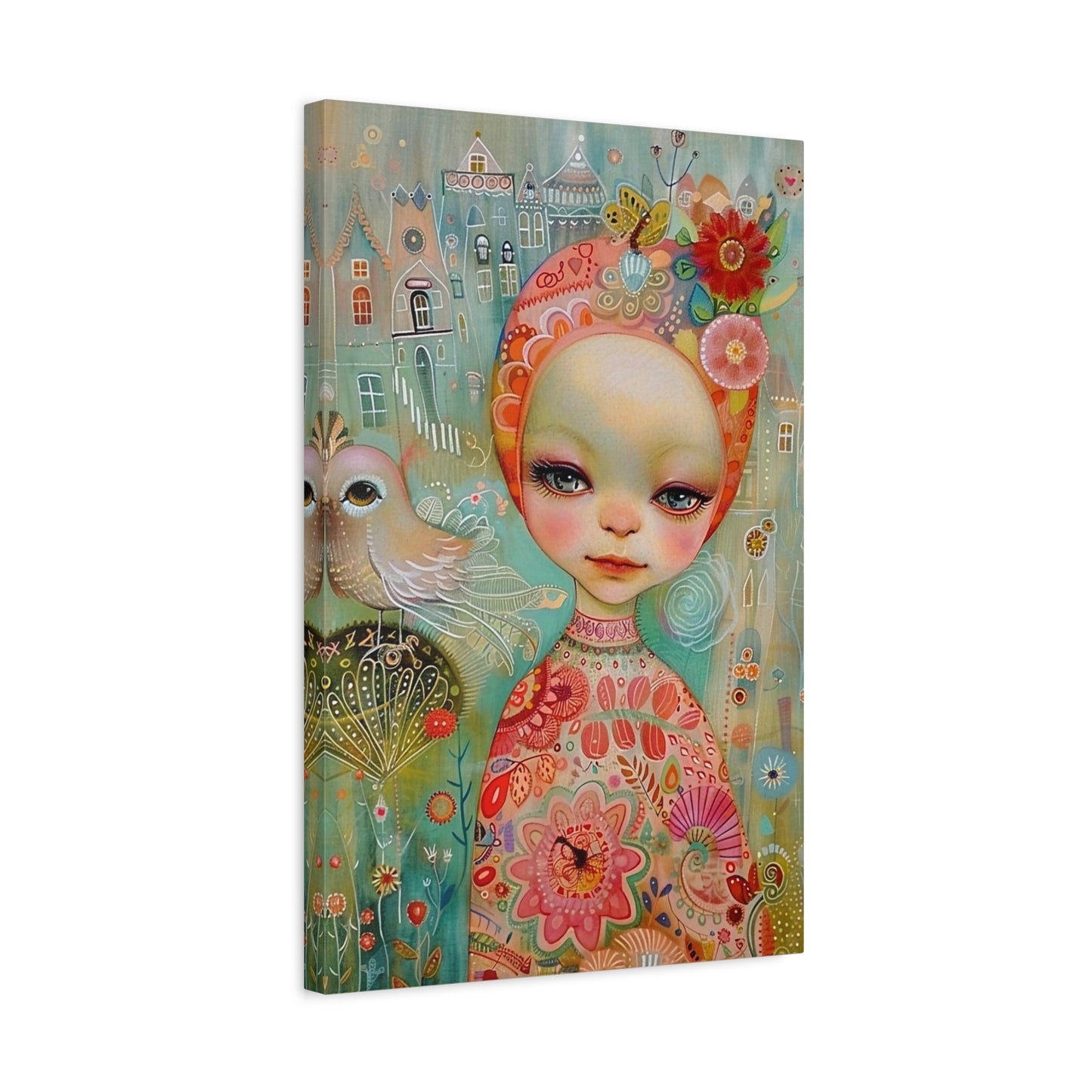Whimsical Girl & Bird Matte Canvas Wall Art — Stretched Decorative Painting