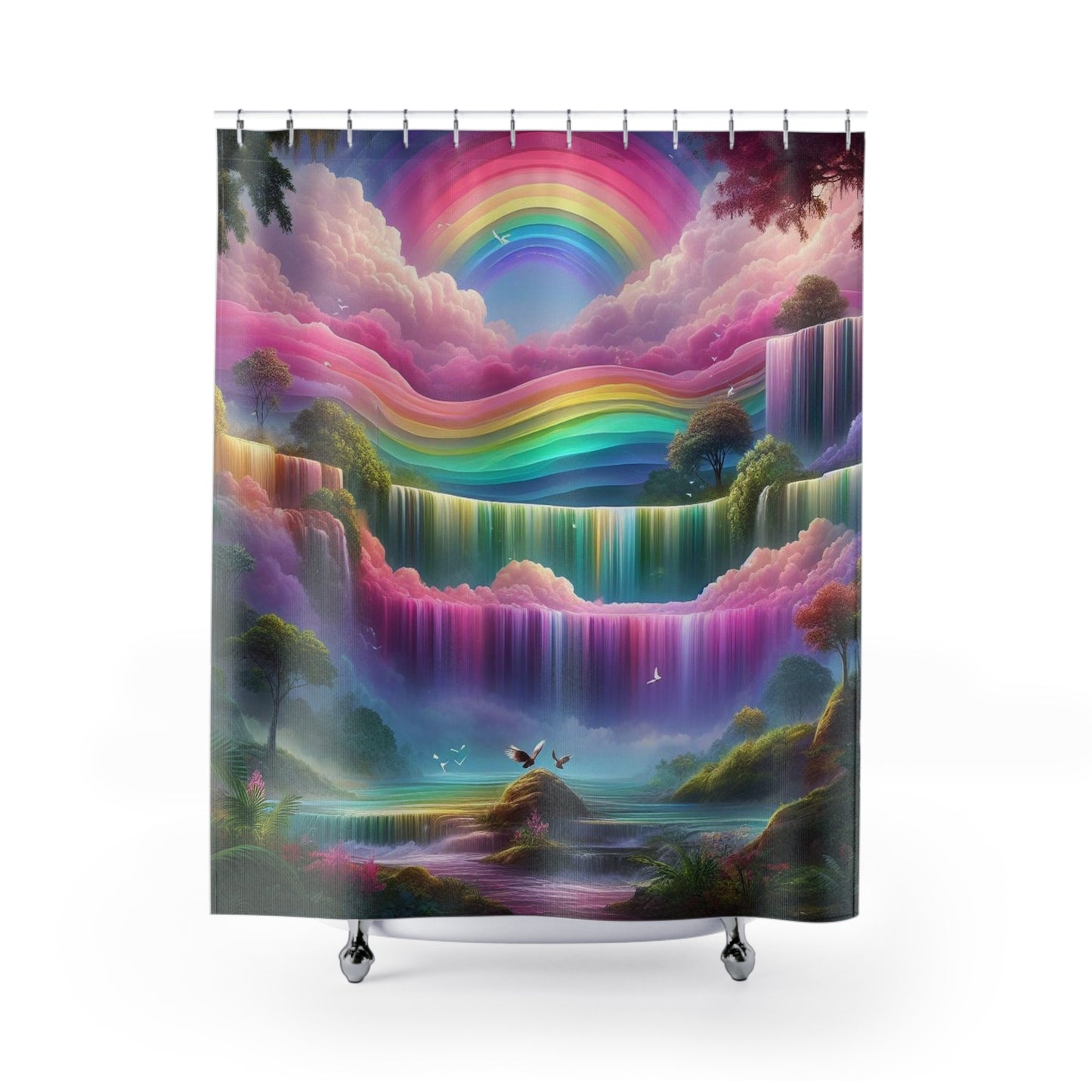 Rainbow Waterfall Shower Curtain — Dreamy Pastel Bathroom Decor