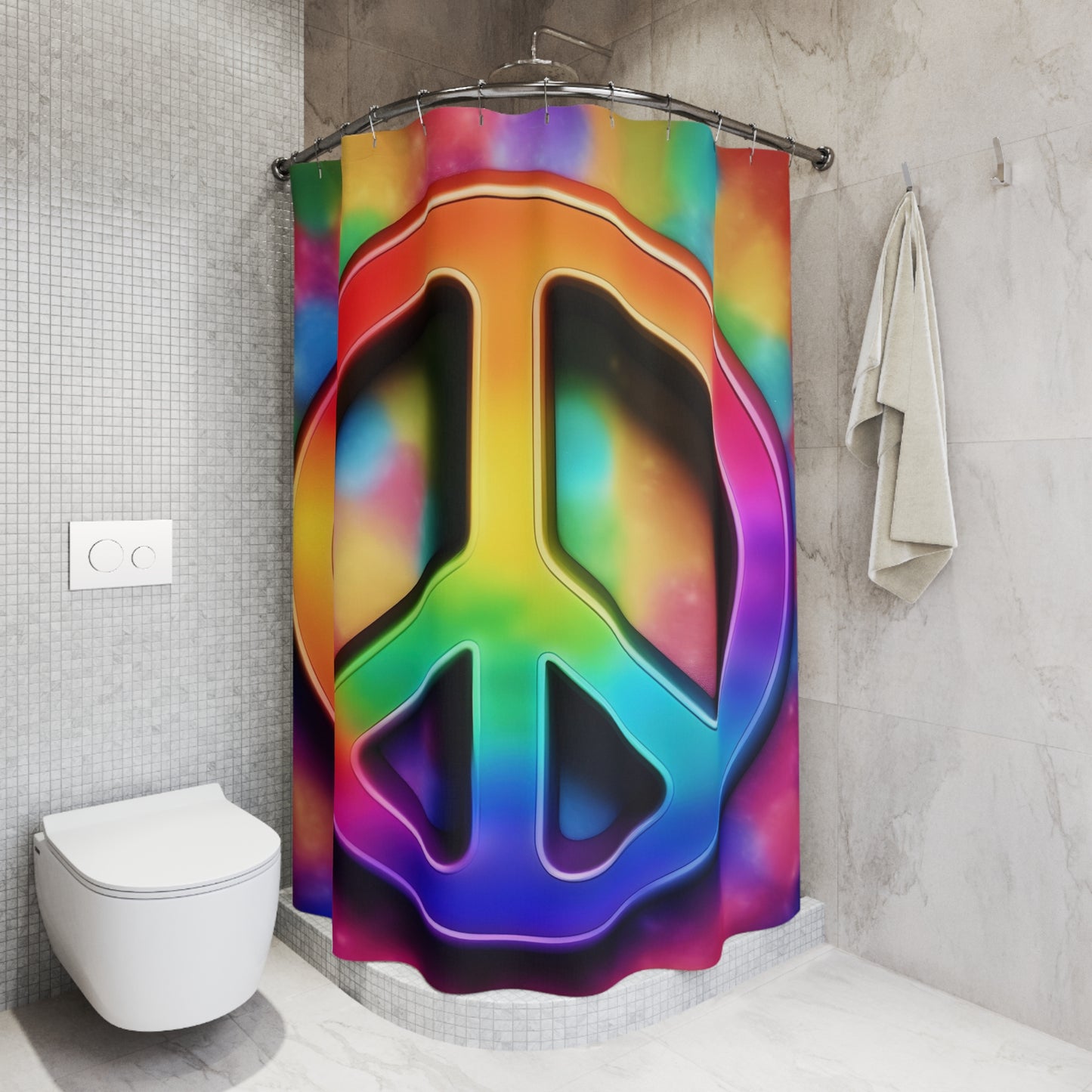 Rainbow Peace Sign Shower Curtain — Psychedelic Tie-Dye Bathroom Decor