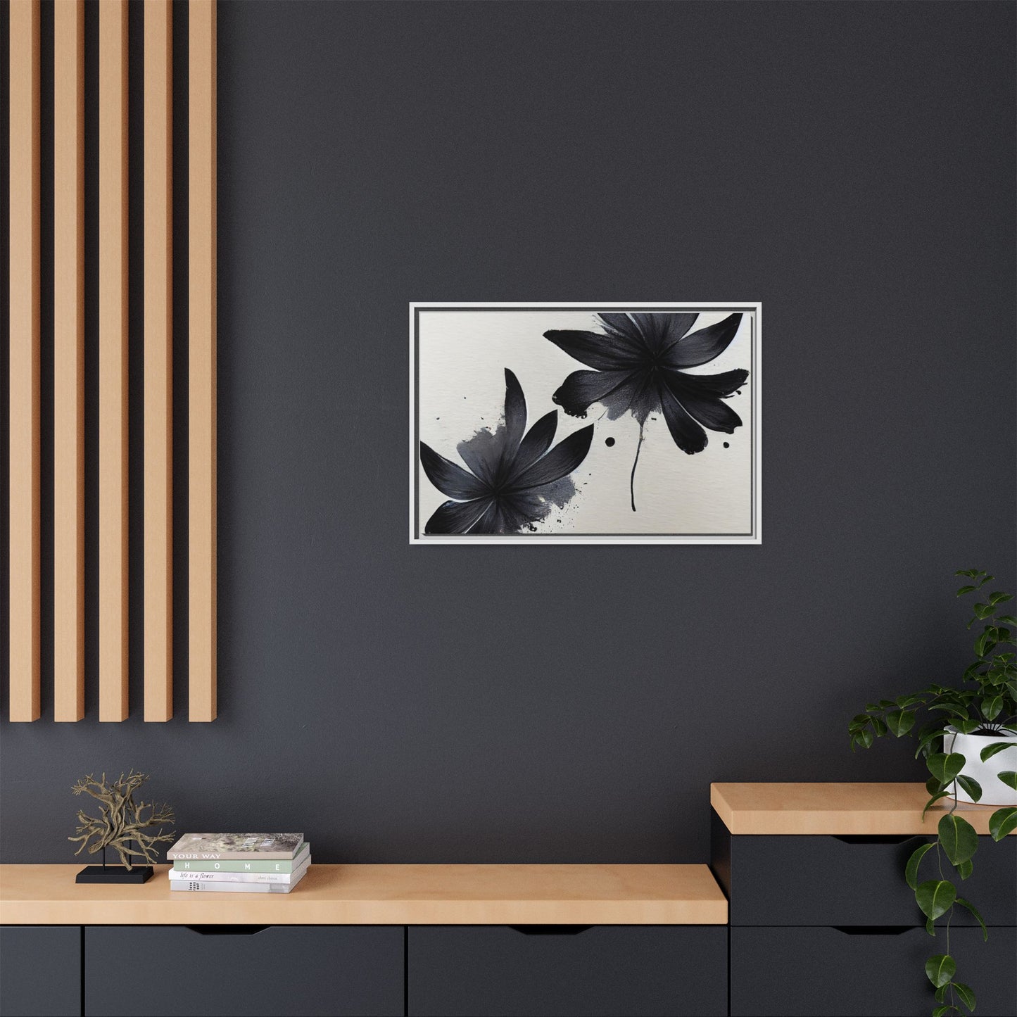 Framed Black Floral Matte Canvas Wall Art — Monochrome Botanical Print