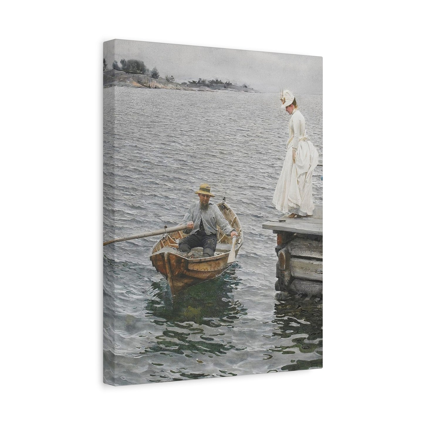 Seaside Stroll Canvas Print — Vintage Woman & Rowboat Matte Stretched Art 1.25"