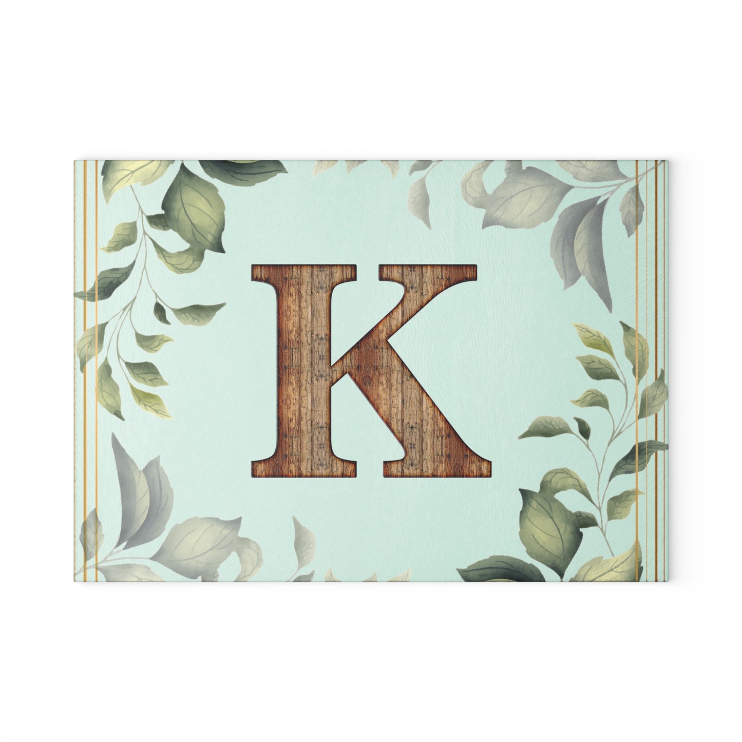 Monogram K Glass Cutting Board – Floral Leaf Kitchen Decor, Personalized Initial Serving Board