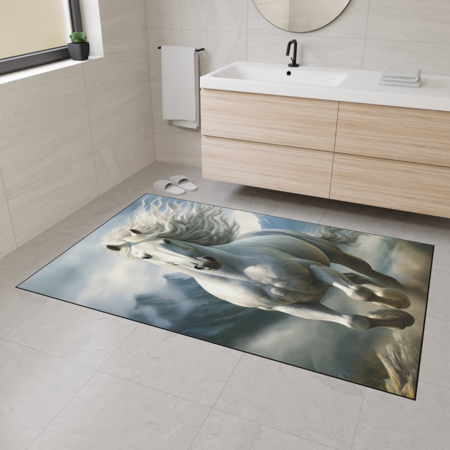 Majestic White Horse Heavy-Duty Floor Mat — Running Stallion Rug for Entryway & Stable