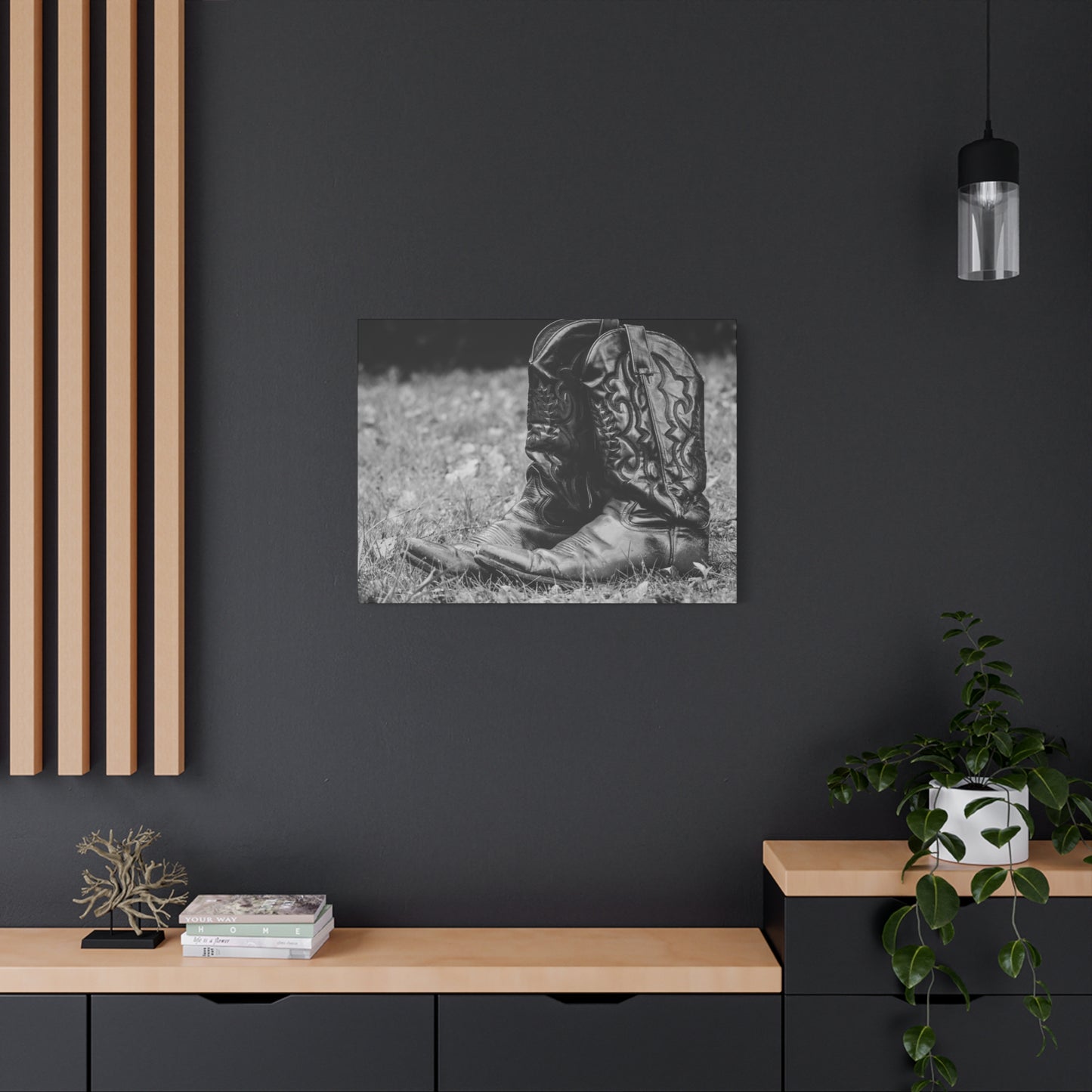 Western Cowboy Boots Matte Canvas Wall Art – Black & White Rustic Country Decor