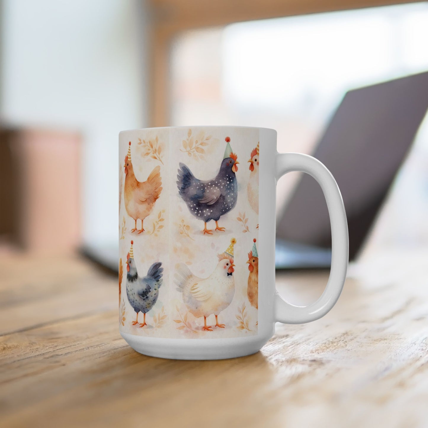 Cute Farm Chicken Mug — Watercolor Hens with Party Hats (11oz, 15oz)