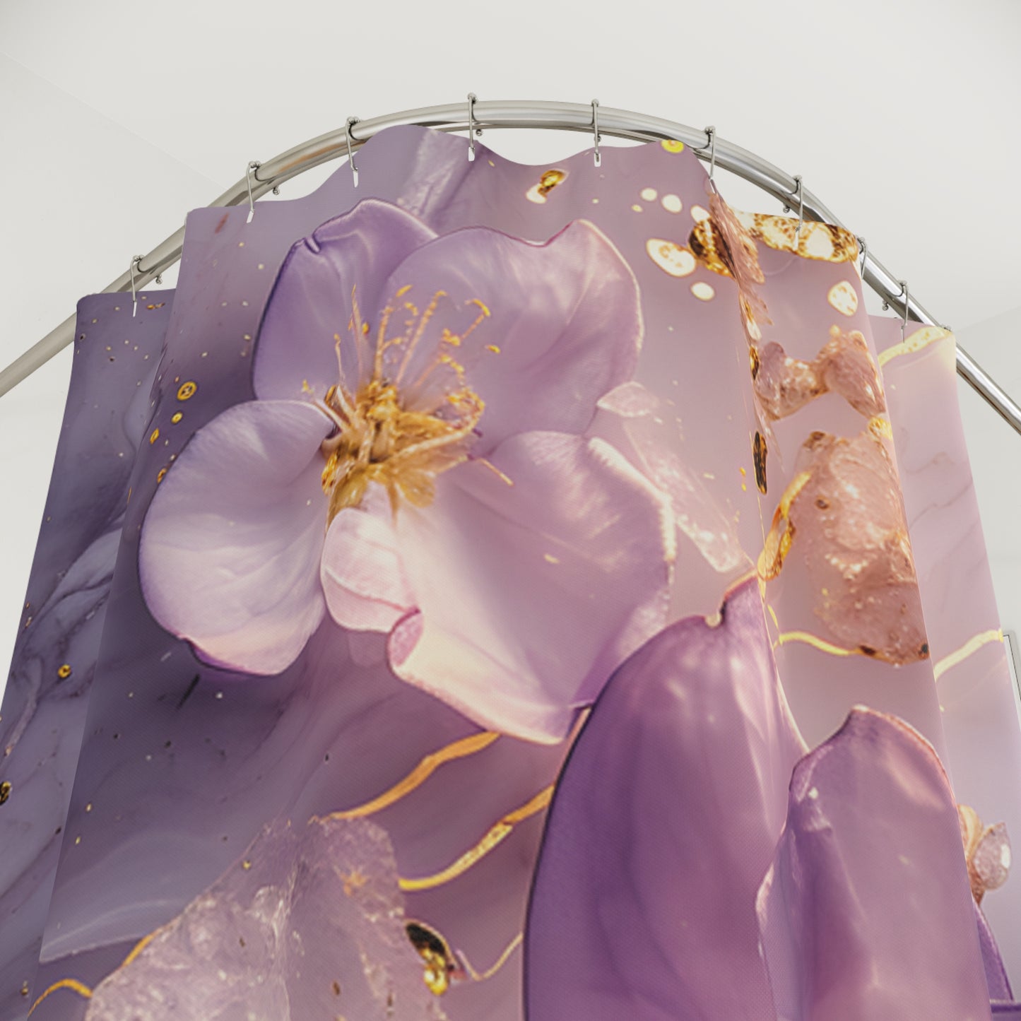 Floral Purple Blossom Shower Curtain — Elegant Gold Accent Bathroom Decor