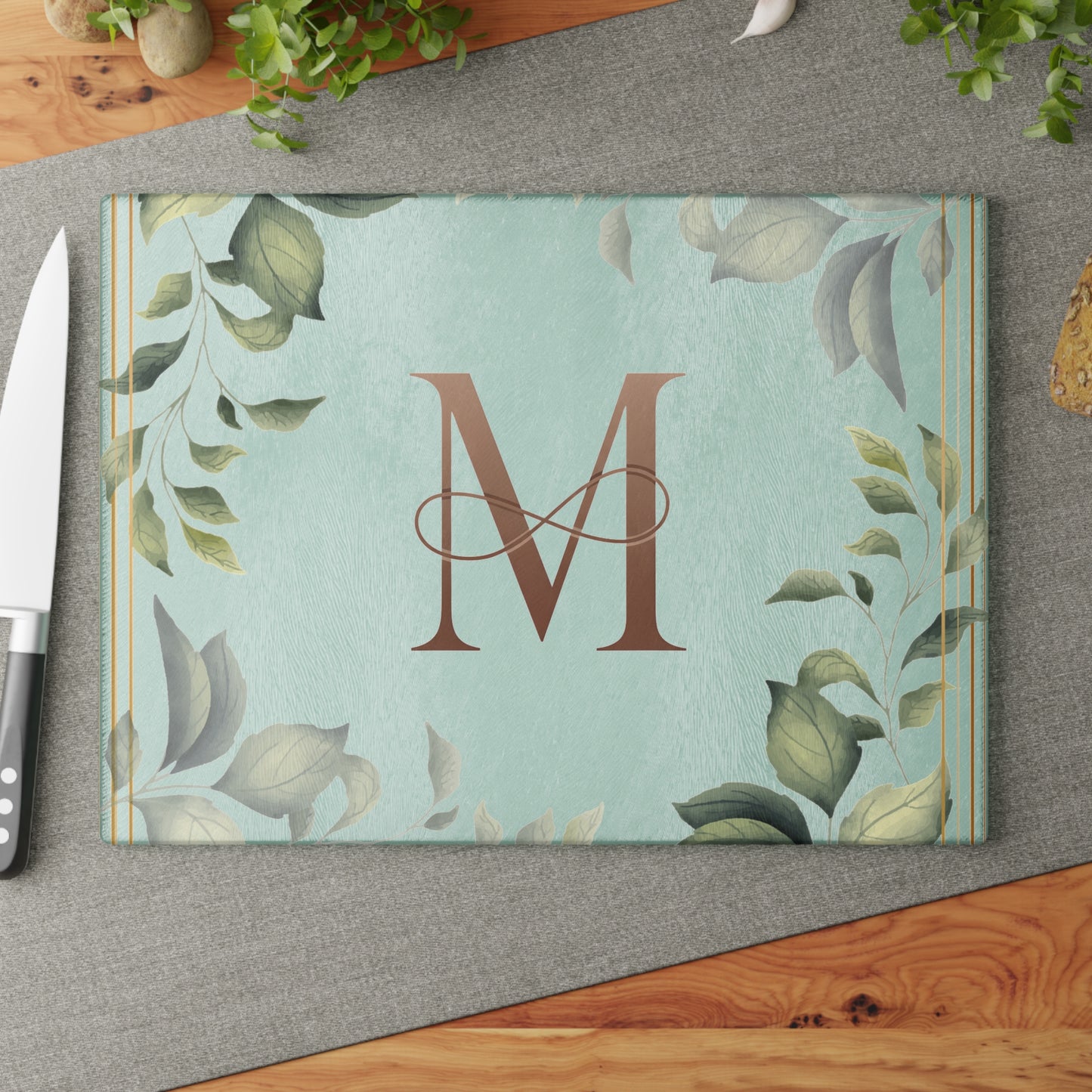 Monogram M Glass Cutting Board — Floral Mint Kitchen Decor