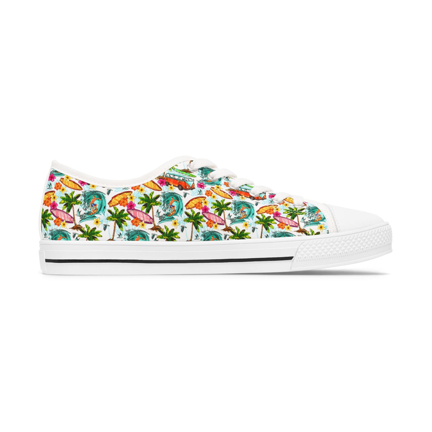 Tropical Floral Low Top Sneakers — Women's Colorful Palm & Hibiscus Print