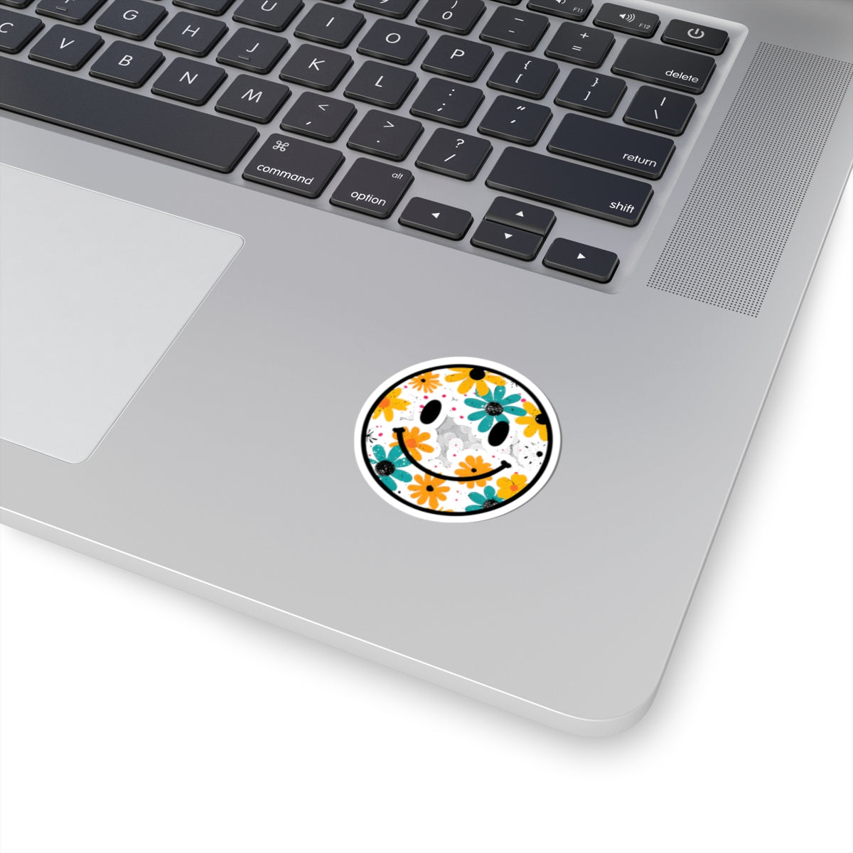 Floral Smiley Kiss-Cut Sticker — Colorful Daisy Happy Face Laptop Decal