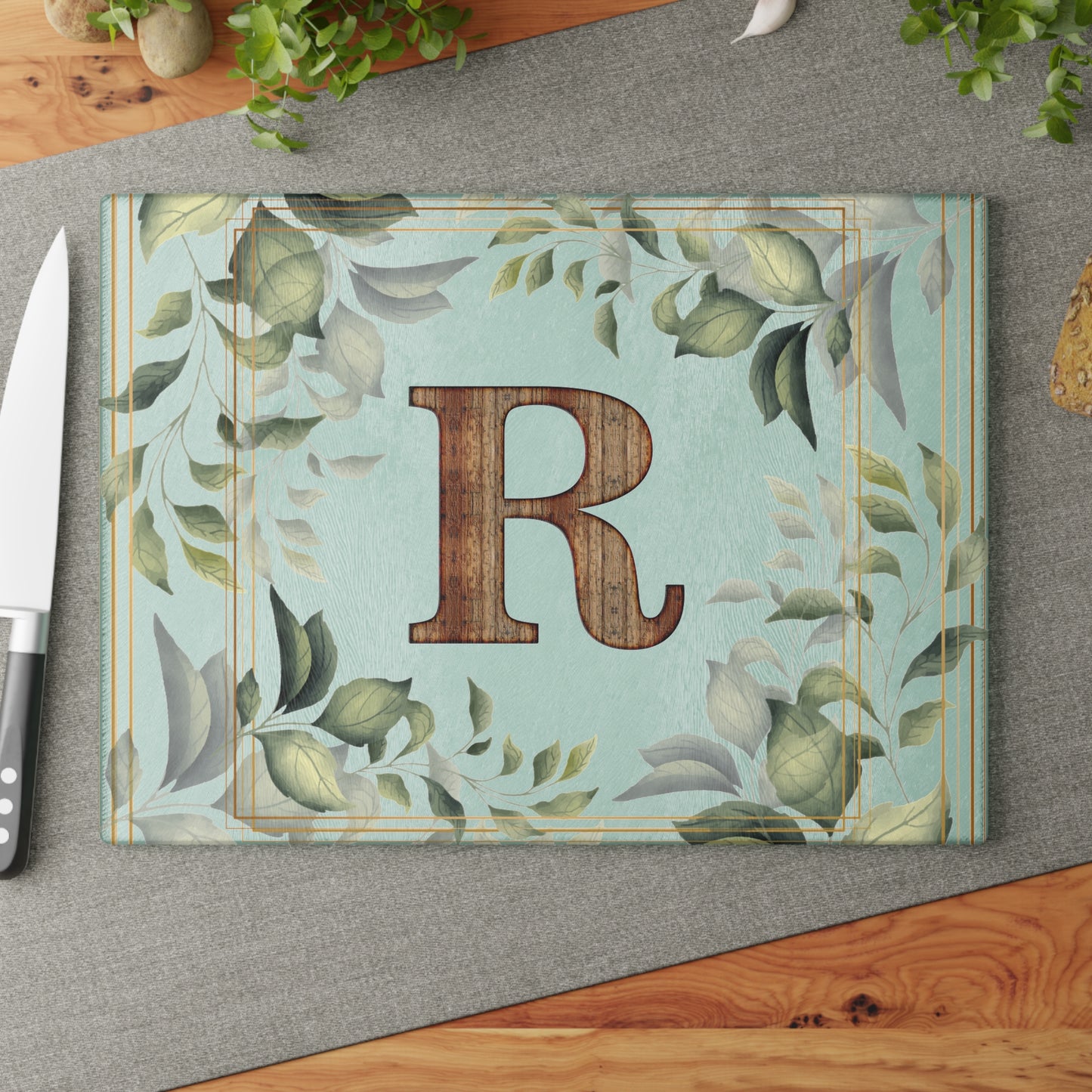 Monogram Glass Cutting Board — Rustic Wood “R” with Greenery Border