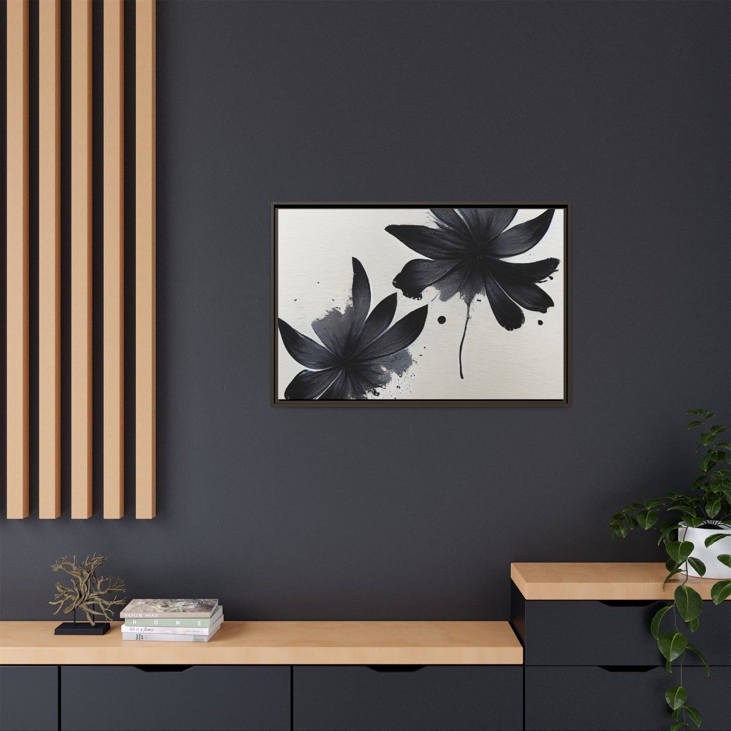 Framed Black Floral Matte Canvas Wall Art — Monochrome Botanical Print