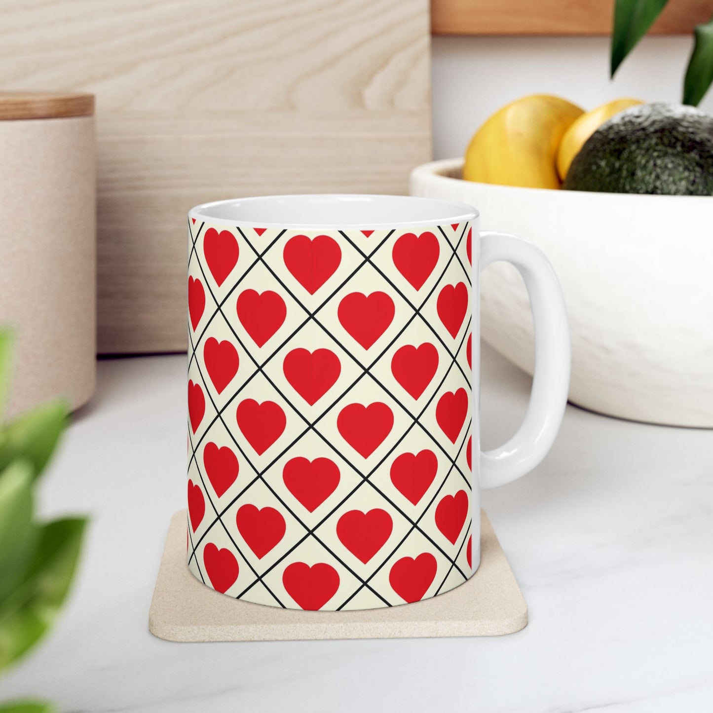 Heart Pattern Ceramic Mug – Red Hearts Grid Coffee Cup (11oz, 15oz)