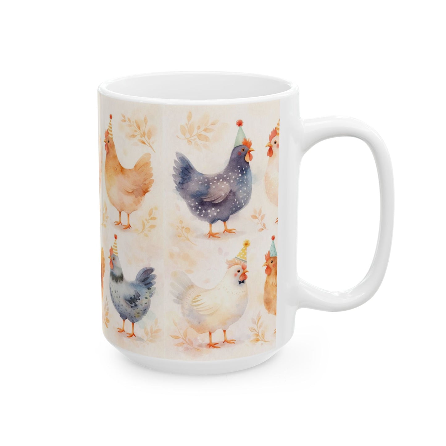 Cute Farm Chicken Mug — Watercolor Hens with Party Hats (11oz, 15oz)