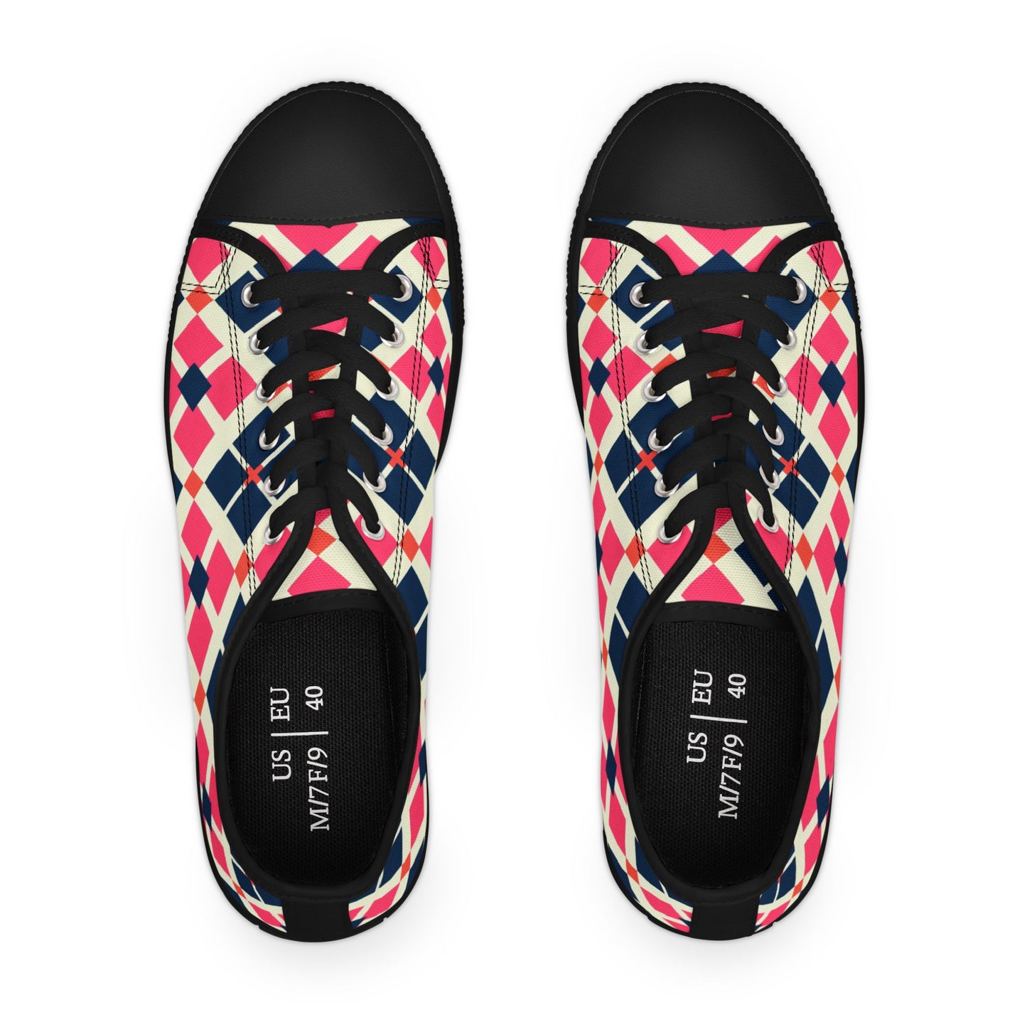 Argyle Pattern Low Top Sneakers — Pink Navy Geometric Casual Shoes