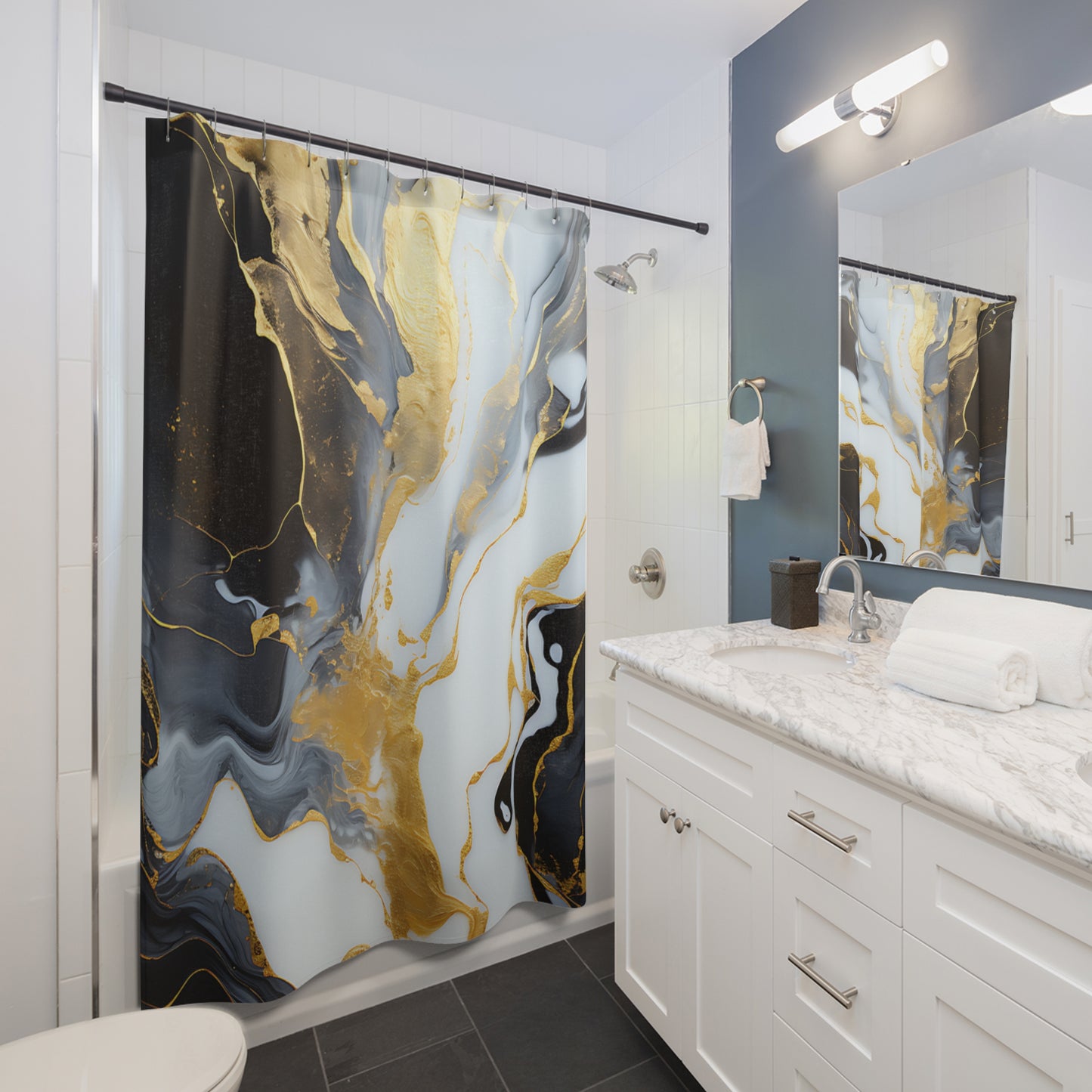 Marble Gold Abstract Shower Curtain — Luxe Black & White Bath Decor