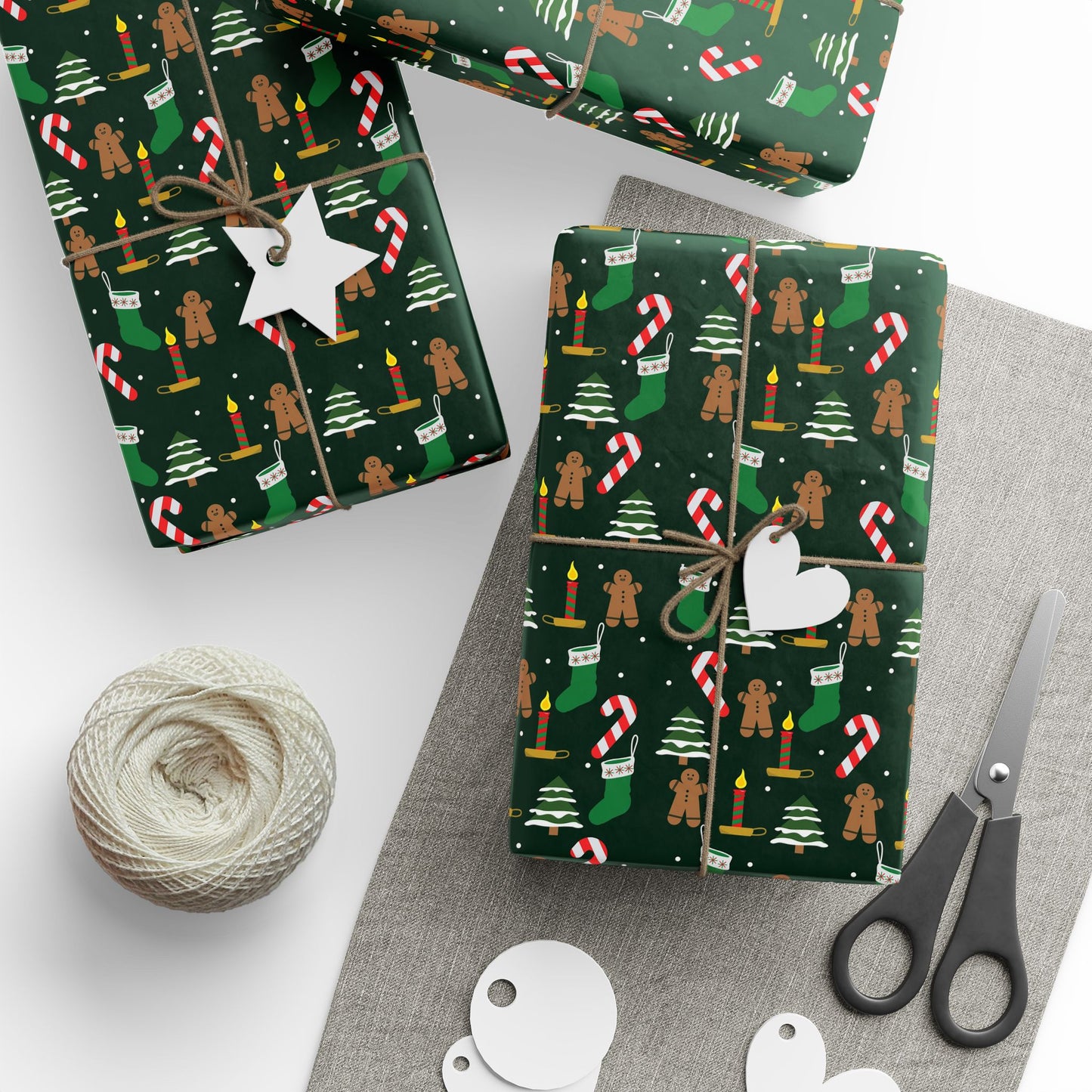 Christmas Wrapping Paper Roll — Gingerbread & Candy Cane Pattern on Dark Green