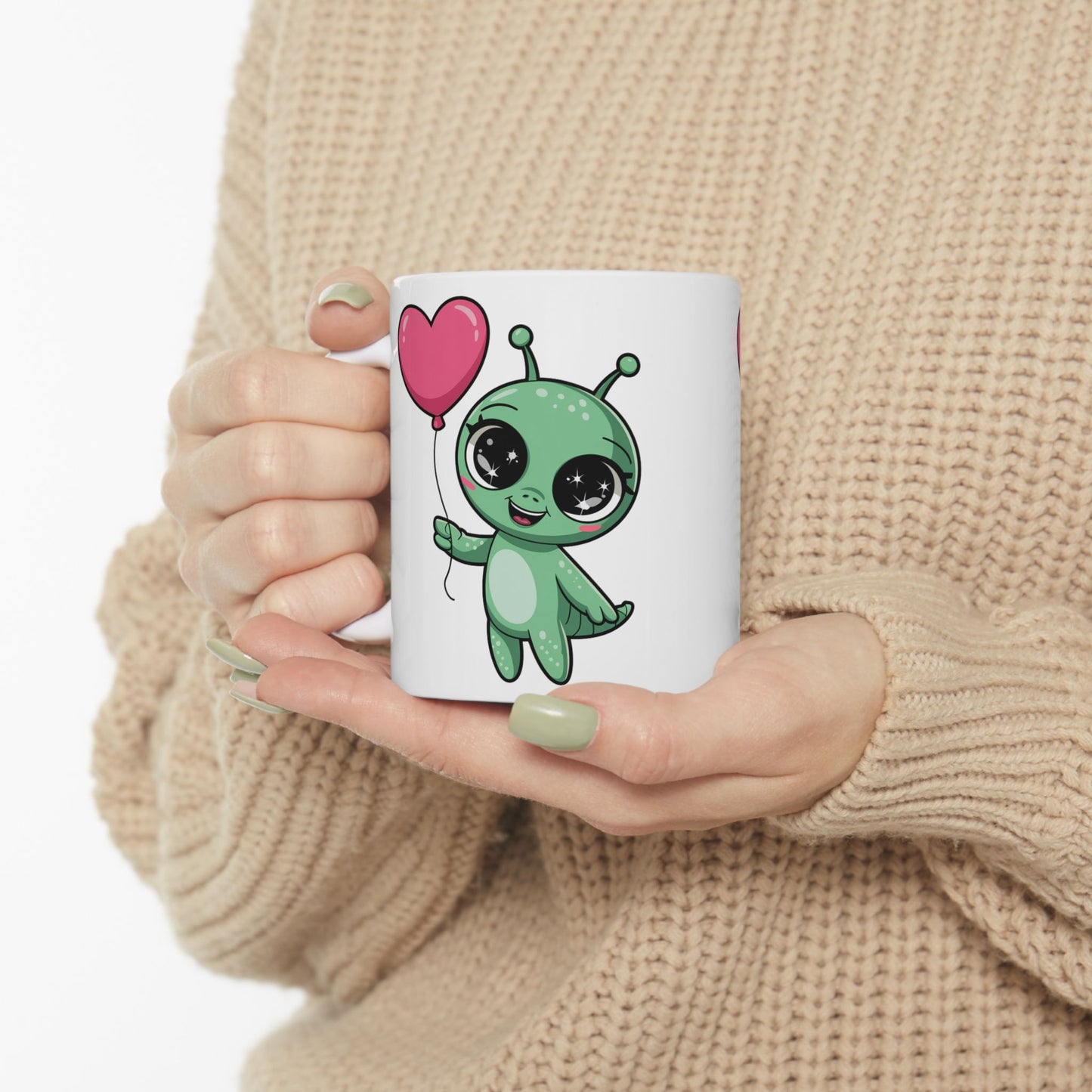 Cute Alien Holding Heart Balloon Ceramic Mug — 11oz & 15oz Gift Mug