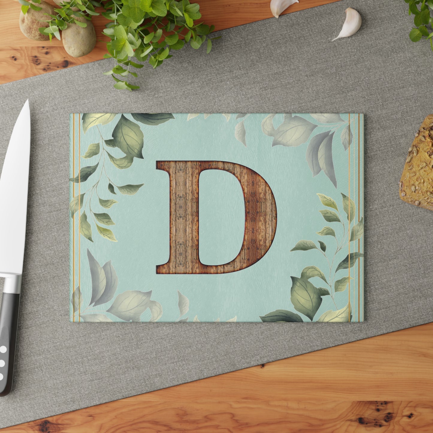 Floral Leaf Glass Cutting Board — Mint & White Decorative Kitchen Board