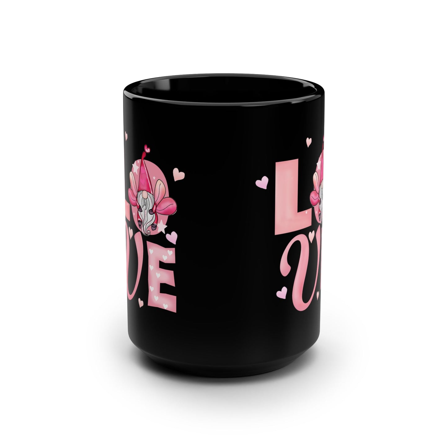 Love Florals 15oz Black Mug — Pink Heart & Lotus Coffee Cup