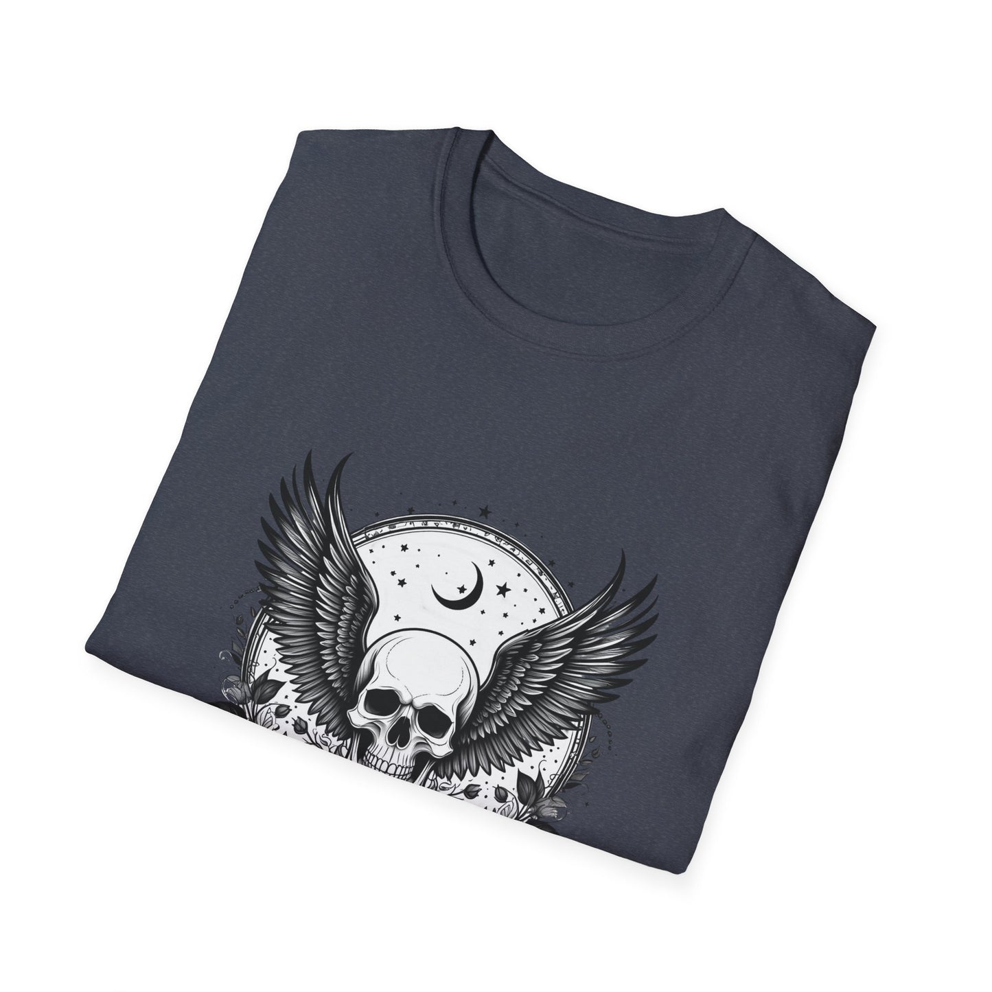 Skull Wings T‑Shirt – Crescent Moon & Red Roses Gothic Graphic Tee