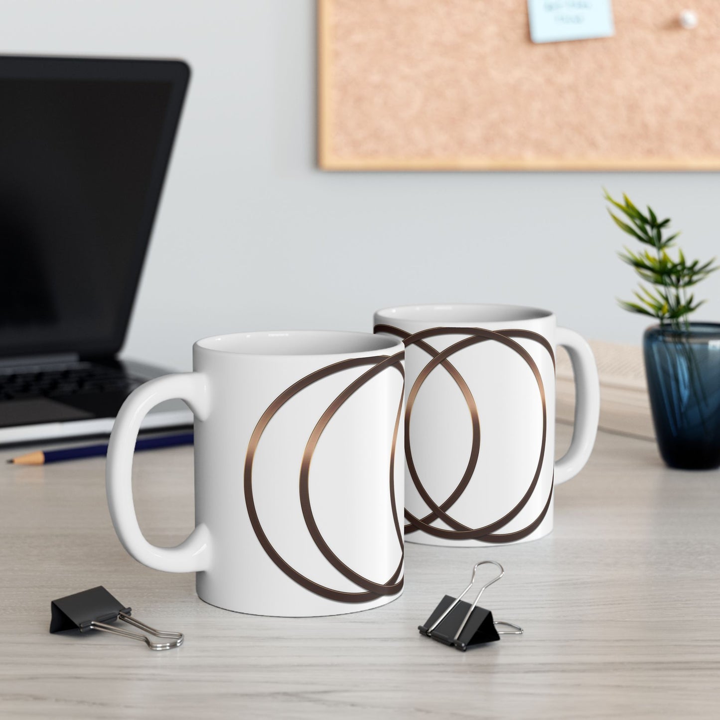 Modern Geometric Ceramic Mug — Bronze Interlocking Circle Pattern (11oz & 15oz)