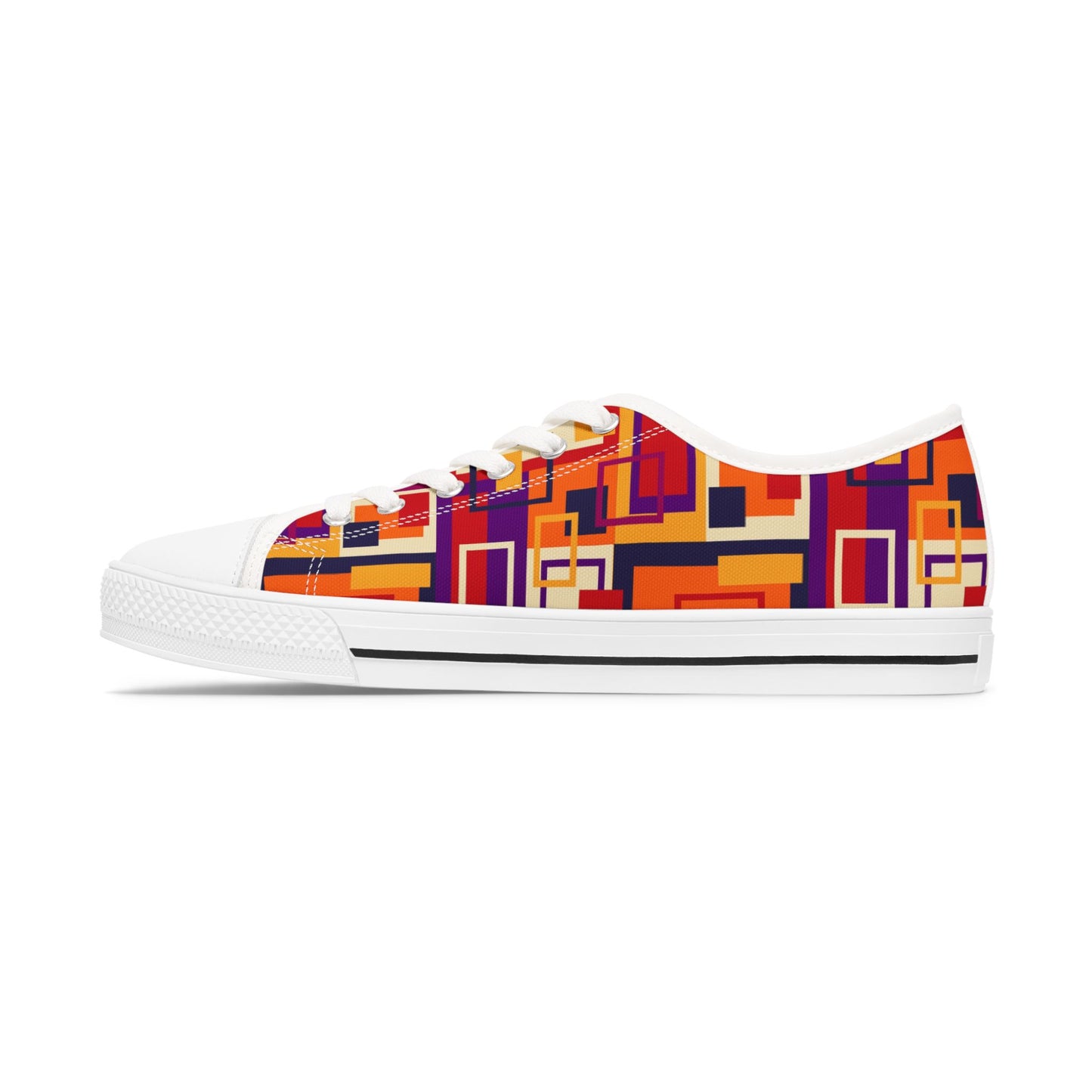 Retro Geometric Women's Low Top Sneakers — Bold Orange & Purple Patchwork Canvas
