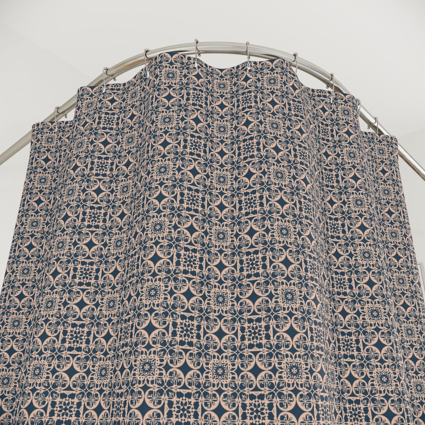 Moroccan Tile Pattern Shower Curtain — Navy Geometric Bathroom Décor