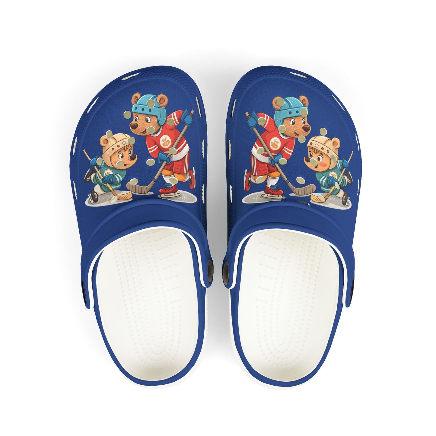 Kids Hockey Bear EVA Foam Clogs — Blue All-Over-Print Slip-On Shoes