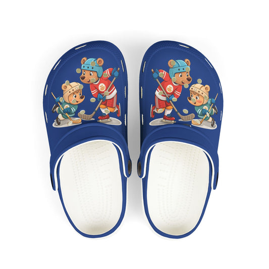 Kids Hockey Bear EVA Foam Clogs — Blue All-Over-Print Slip-On Shoes
