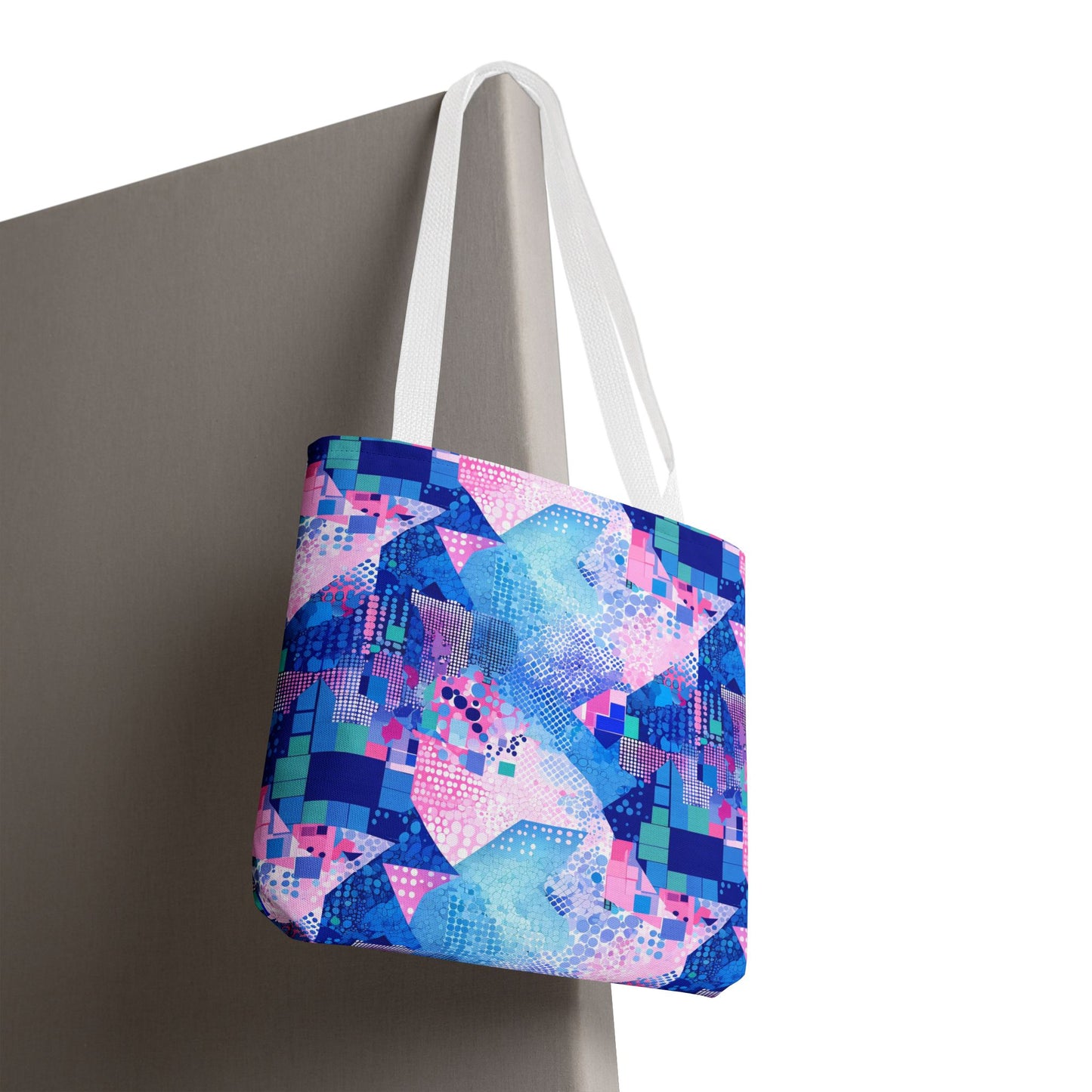 Abstract Blue Pink Geometric Tote Bag — Colorful Patterned All-Over Print Tote