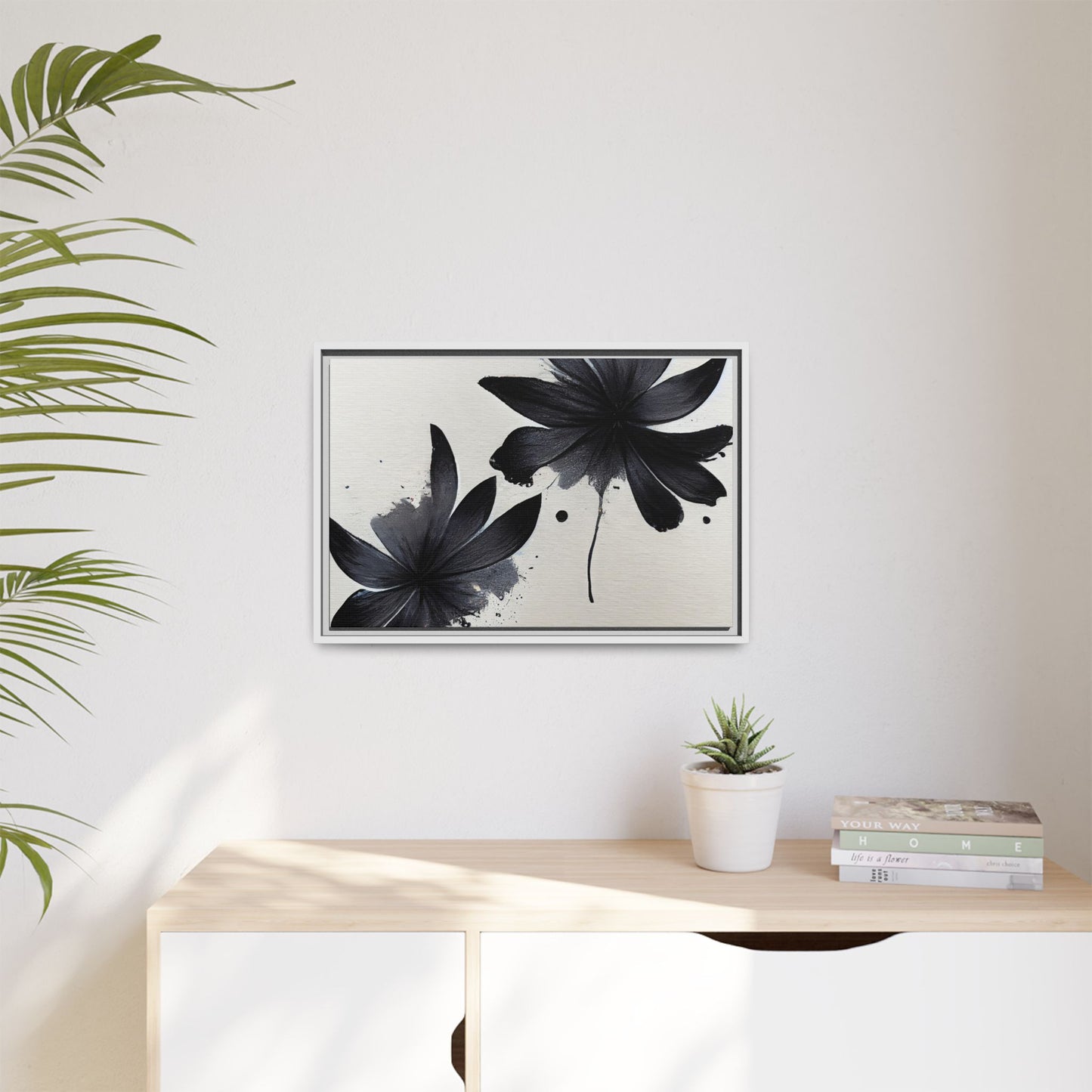 Framed Black Floral Matte Canvas Wall Art — Monochrome Botanical Print