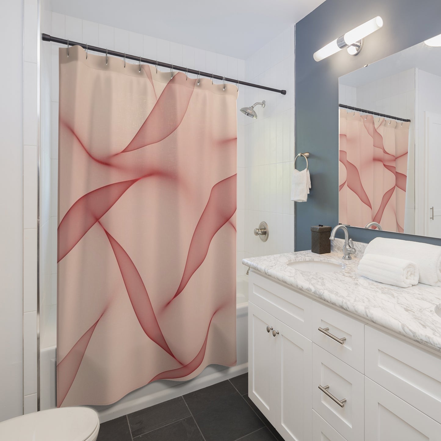 Blush Wave Shower Curtain — Soft Pink Abstract Bathroom Decor