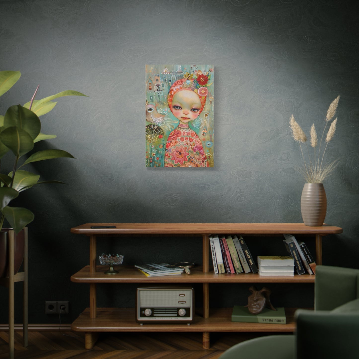 Whimsical Girl & Bird Matte Canvas Wall Art — Stretched Decorative Painting