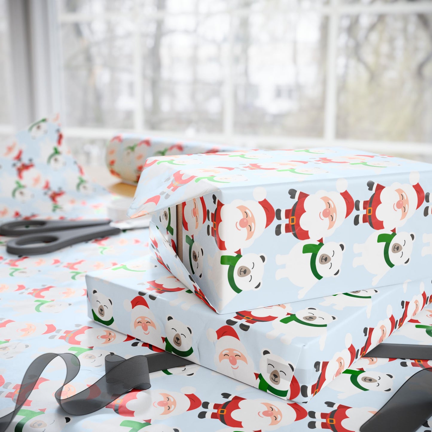 Wrapping Paper — Cute Santa & Polar Bear Holiday Gift Wrap (Festive Blue Roll)