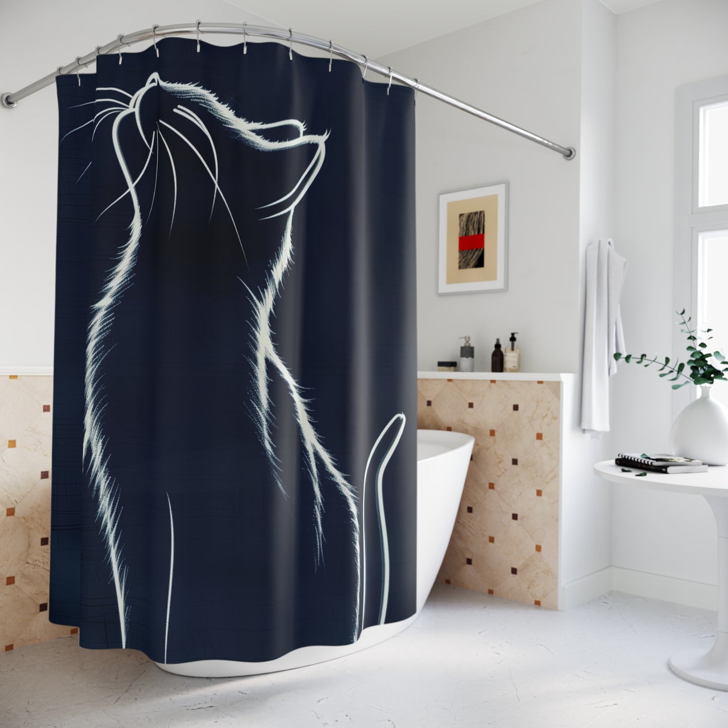 Cat Silhouette Shower Curtain — Minimalist Nighttime Kitty Bathroom Décor